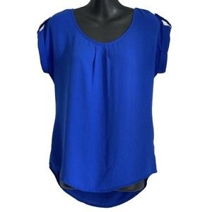 Royal Blue Blouse Womens Small Short Sleeve Scoop Neck Flowy Career Lightweight
